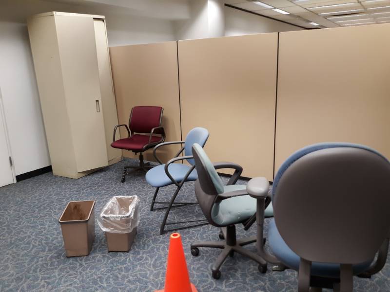 lot 9511 image: Three Rolling Office Chairs, Arm Chair, TALL 2 Door Cabinet, Wasebaskets�