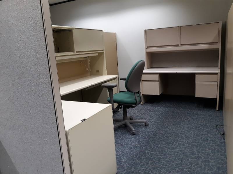 lot 9513 image: 2 Desk w Hutches, Rolling Office Chair, and Desk Extension