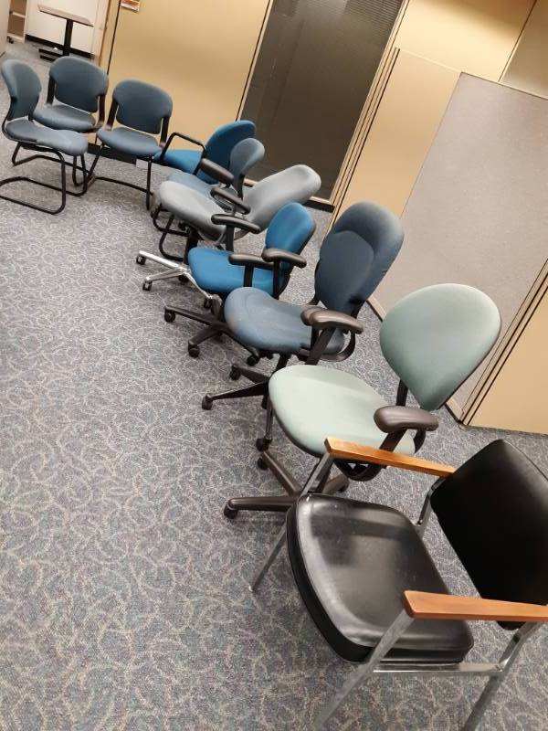 lot 9537 image: Five Rolling Office Chairs and Five Arm Chairs.