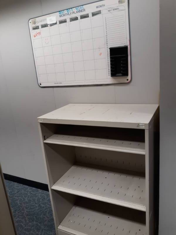 lot 9562 image: Three Shelf Book Case and Calendar White Board
