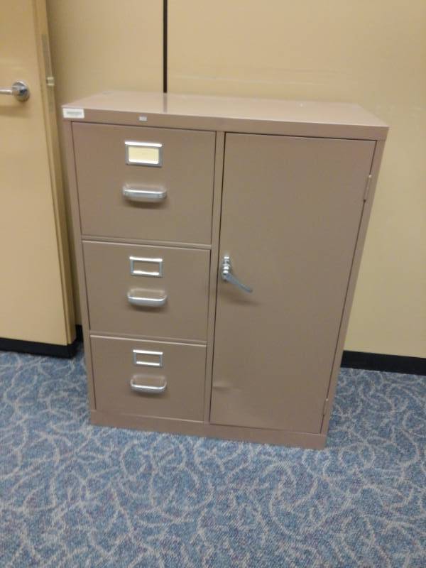 lot 9493 image: Metal Three Drawer Filing Cabinet w Attached Door Cabinet