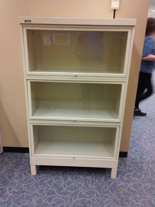 lot 9494 image: Metal Three Glass Door Lawyers Cabinet