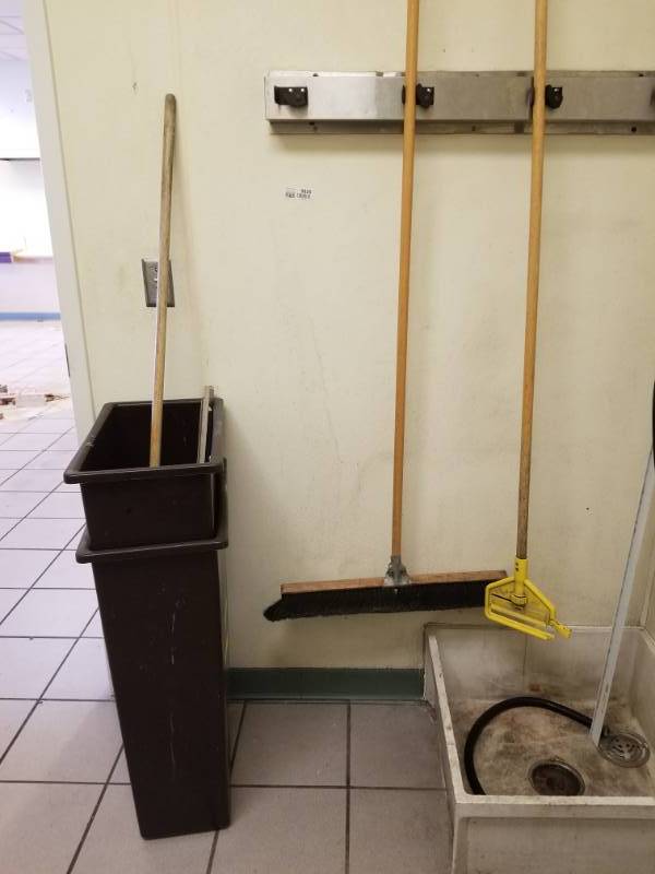 lot 9826 image: Cleaning Brooms  Mop, Wall Mount Rack, Trash Cans