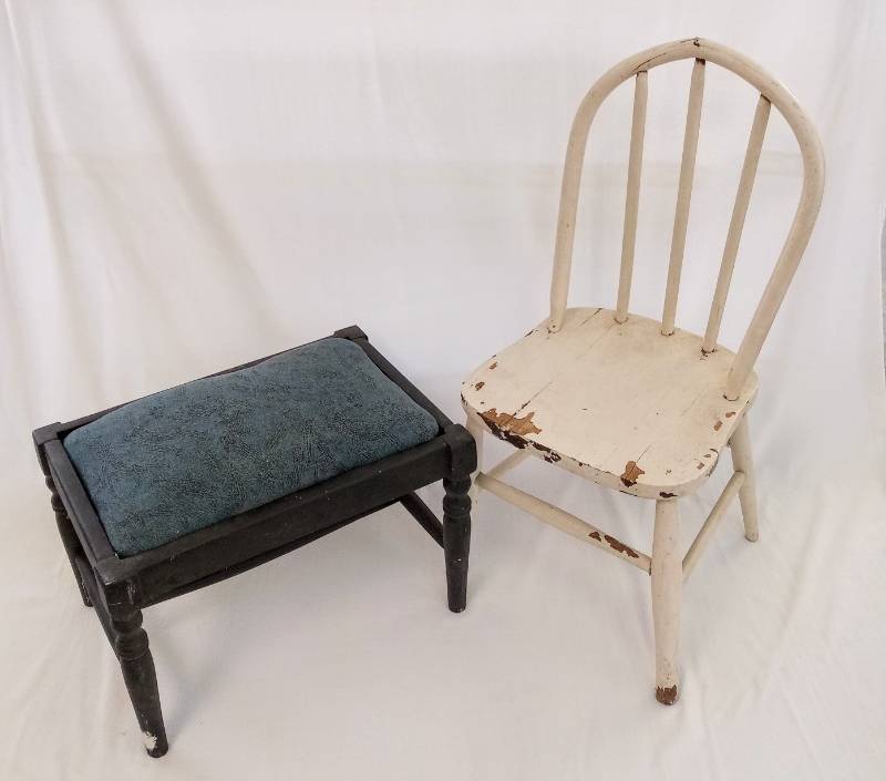 lot 3405 image: Old Wooden Childs Chair With Bonus Footstool