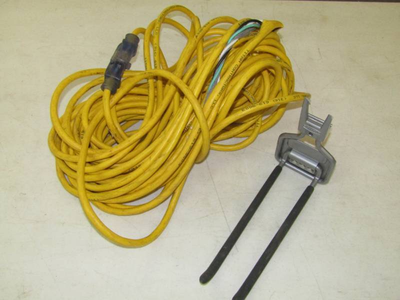lot 3417 image: 65ft Heavy Duty Yellow Heavy Duty Extension Cord and Bonus Wall Holder