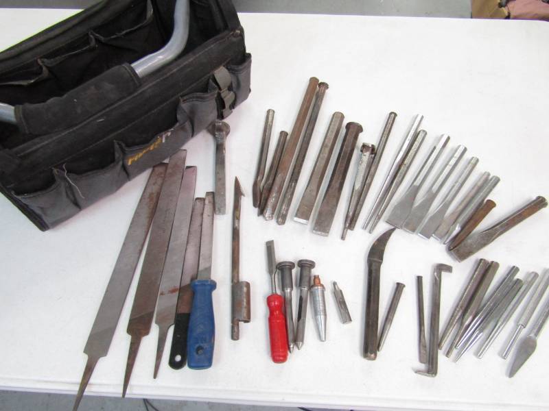 lot 3418 image: Large Selection of Punches and Files- Tool Bag To Carry Them All