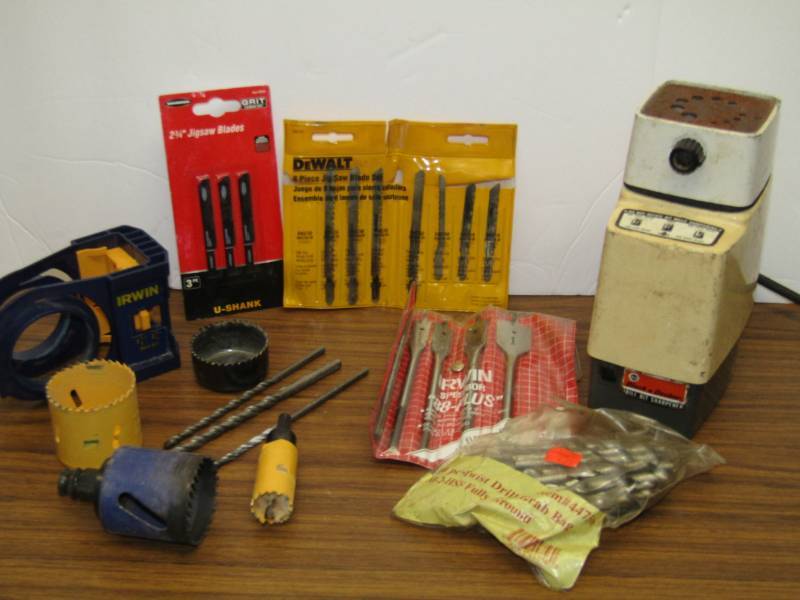 lot 3448 image: Drill Bits and Bit Sharpener- Jig Saw Blades- Hole Saws and More