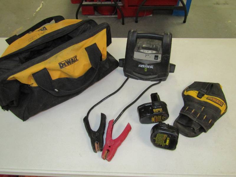 lot 3455 image: Dewalt- Tool bag and Drill Holster- Bonus Untested Batteries and Untested Jump Box