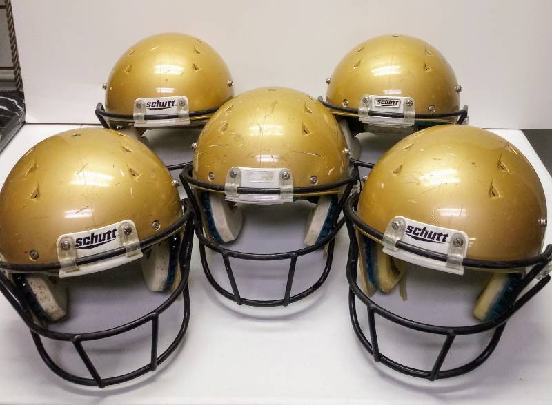 lot 5343 image: 5 Gold Football Helmets  3 Medium, 1 Small, & 1 Xtra Small