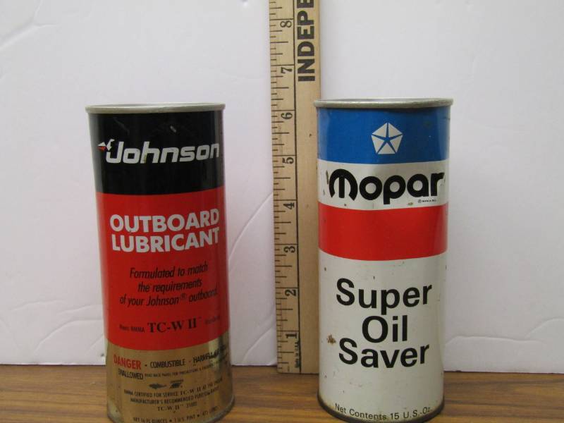 lot 3430 image: Mopar Super Oil Saver & Johnson Outboard Lubricant-  Vintage Cans- Unopened