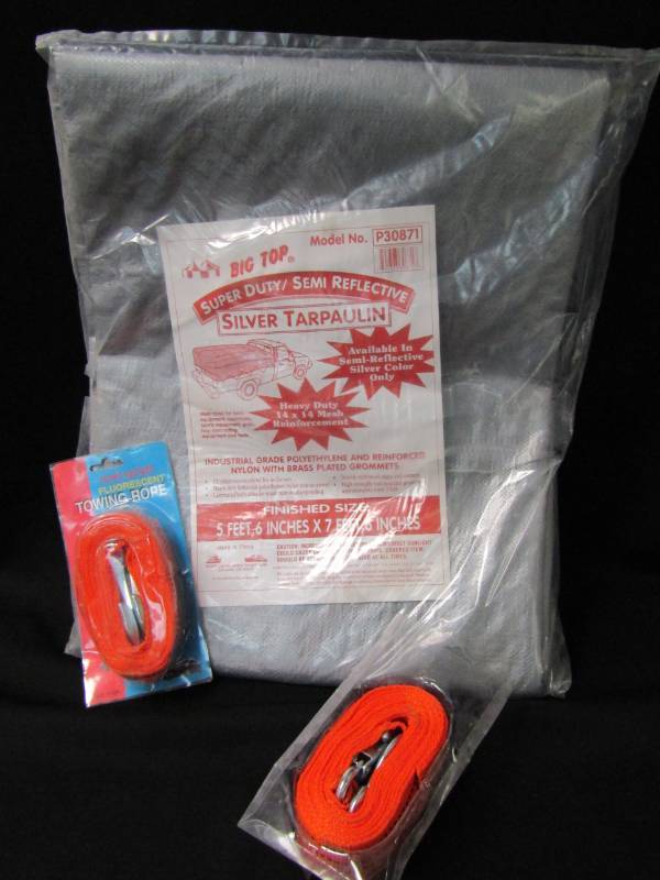 lot 3423 image: 2 New Tow Straps and Silver Heavy Duty Tarp 5x7