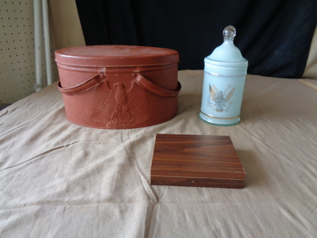 lot 9142 image: Vintage  Blue Glass Eagle Canister With Lid- Bonus Included Very Unique