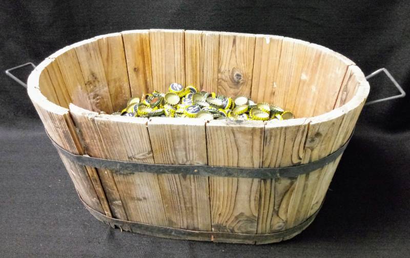 lot 3459 image: Wood Box  Filled With Beer Bottle Caps- OHH The Possibilities