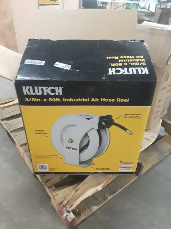 lot 4538 image: Klutch Auto Rewind Air Hose Reel  With 38in. x 50ft. NBR Rubber Hose, Dual Arm, Max. 300 PSI