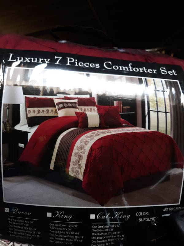 lot 13525 image: Modern 7 Piece Bedding Burgundy Red, Brown, Beige Paisley Embroidered Pin Tuck Q