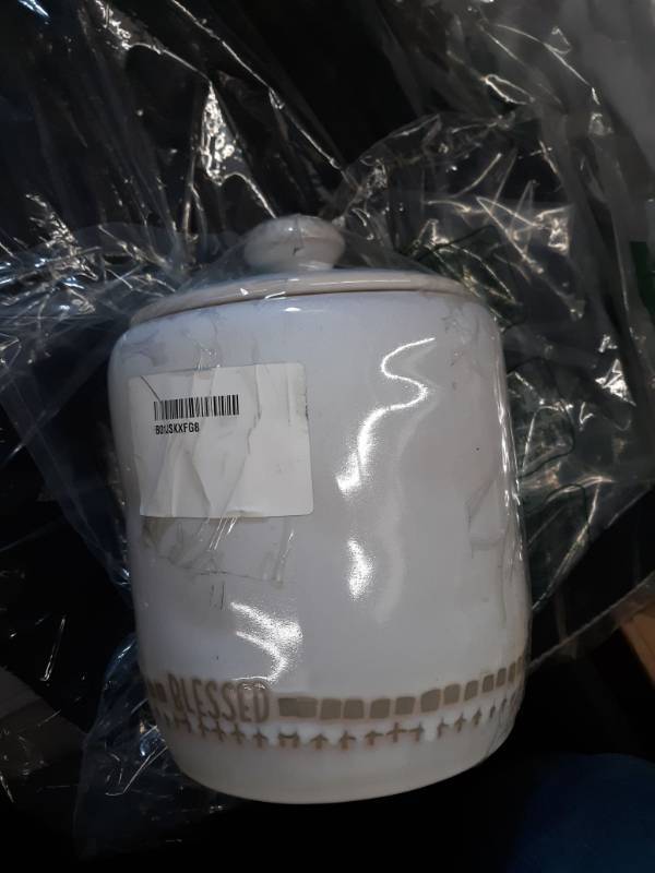 lot 13532 image: Hallmark Home White Stoneware Canister With blessed Detail