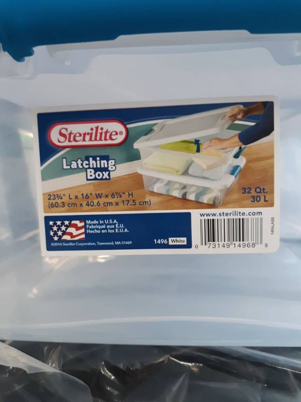 lot 13548 image: Sterilite 501864 32 qt Latching Box with White Lid & Blue Latches