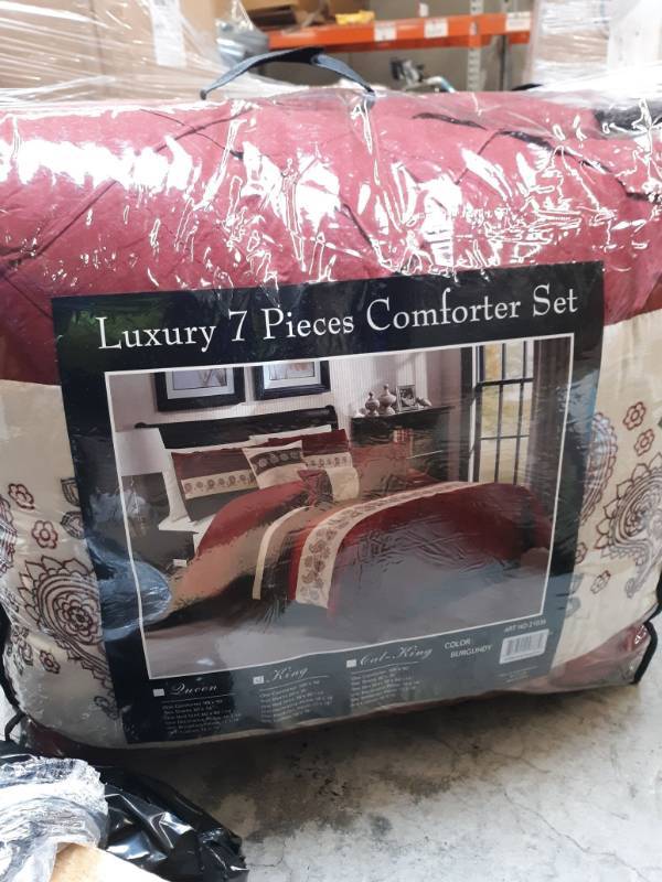 lot 13667 image: Modern 7 Piece Bedding Burgundy Red, Brown, Beige Paisley Embroidered Pin Tuck K