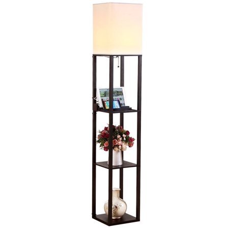 lot 14121 image: Brightech - Maxwell USB Shelf Floor Lamp - Mood Lighting for your Living Room and Bedroom - Shade Diffused Light Source in a Natural Wood Frame with Open-Box Shelves - Classic Black