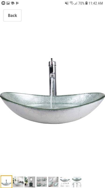 lot 14142 image: Yanksmark Silver Color Glass Wash Bowl Vessel Sink & Chrome Bathroom Faucet Finish Combo Set Come with Pop Up Drain