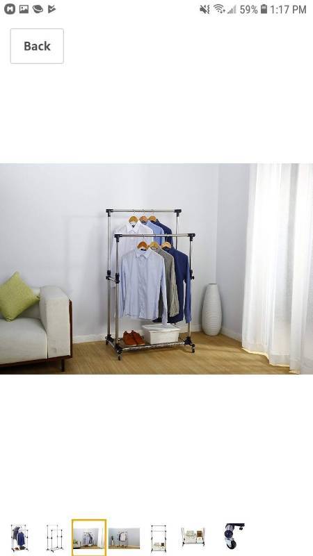lot 14162 image: Finnhomy Double Rails Adjustable Free Standing Rolling Garment Rack Stainless Steel Clothing Portable Indoor Balcony Hanging Drying Stand Mobile Rack for Clothes Outdoor Sale Display with Caster Wheel