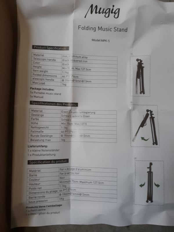 lot 14603 image: Sheet Music Stand, Mugig Folding Music Stand, 29-50inch Height, 18x11  Plate with Book Clips, Professional Collapsible Music Stand, Portable with Carry Bag, Suitable for Instrumental Performance