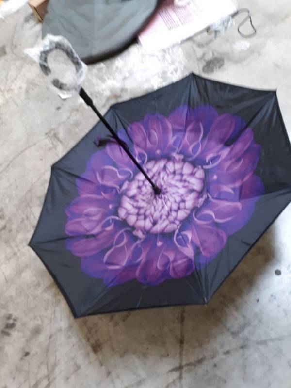 lot 14630 image: Black umbrella with flower and C handle