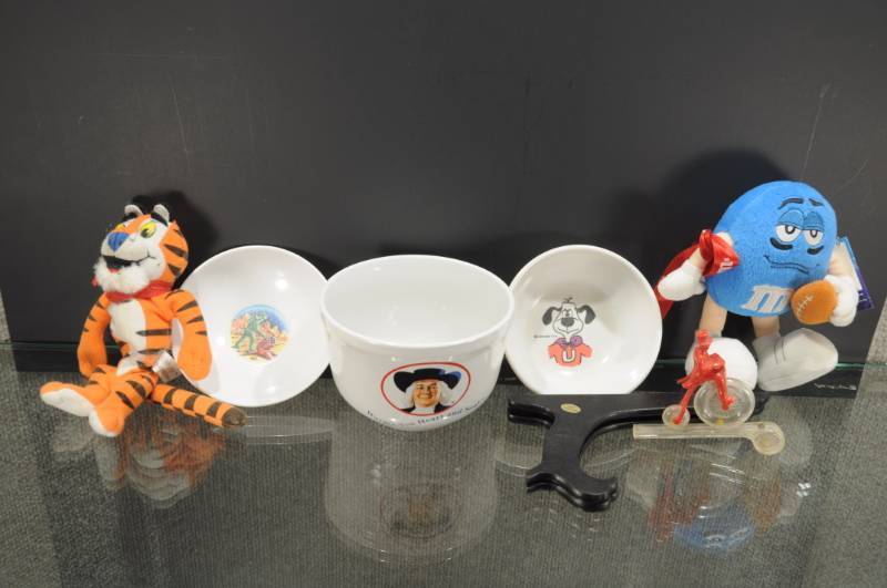 lot 2005 image: Lot of 6 Kids Items. 3 Ceareal Bowls, 2 Plush Toys, and Plastic Whistle.