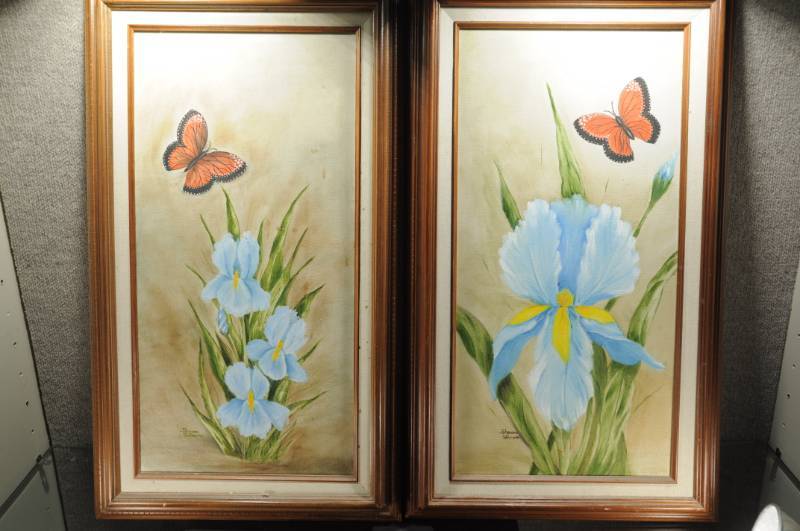 lot 2059 image: Pair of Oil Paintings on Canvas - Butterfly & Flower -Signed Sharon Gilmore 29x17
