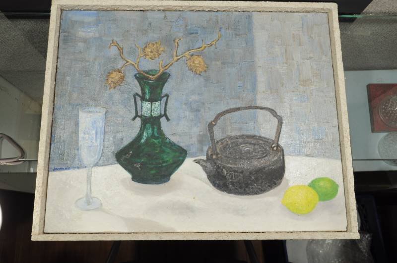 lot 2060 image: Original Art -Still Life Oil Painting on Canvas - Vase Kettle Fruit -21x17