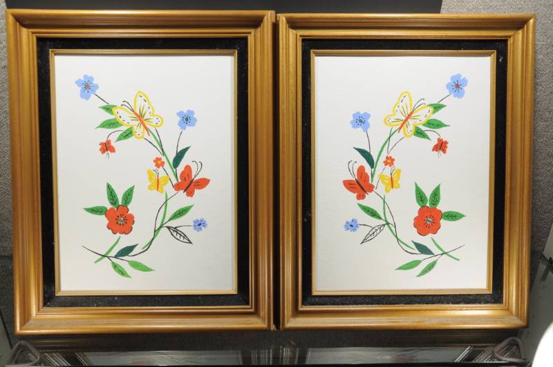 lot 2061 image: Pair of Original Art Oil Paintings Framed on Canvas -Butterfly & Flower -20x17