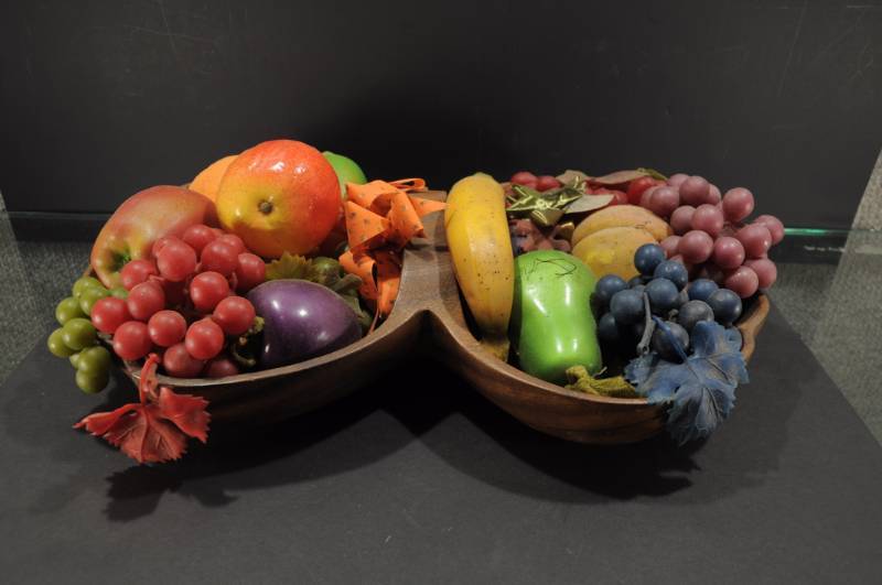 lot 2062 image: Double-sided Wood Bowl w. Fake Fruit