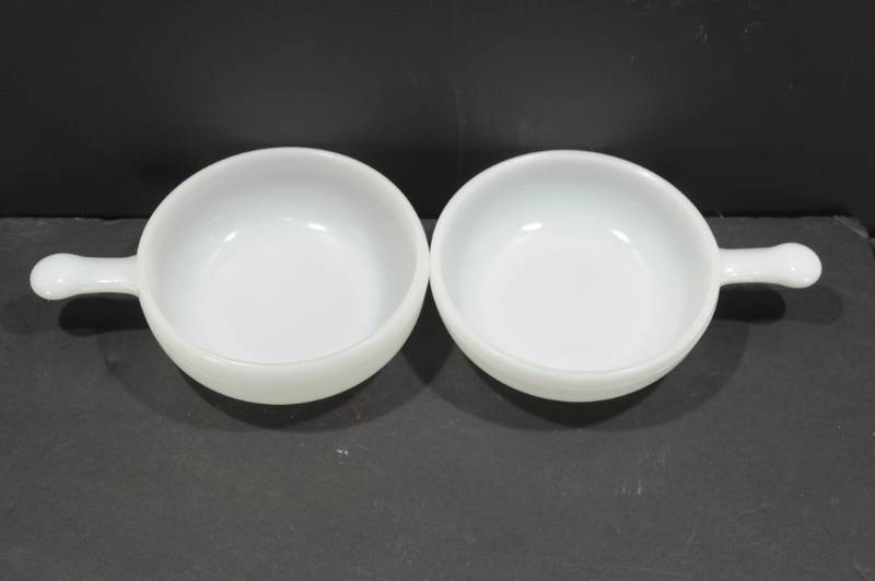 lot 2065 image: Pair of White Glass Handled Bowls