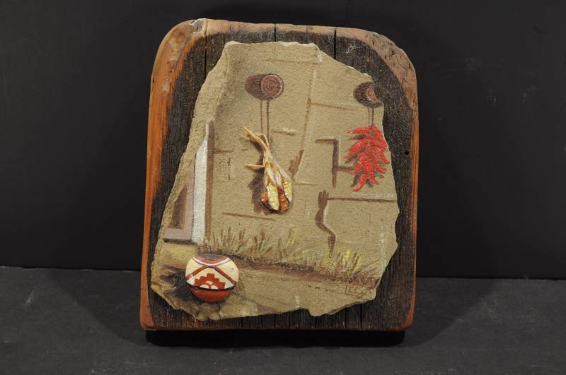 lot 2068 image: Adobe & Hopi Pot Southwest Native American Sandstone Painting on Old Wood -Signed