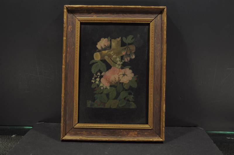 lot 2072 image: Old Framed Original Folk Art Memento Mori Oil Painting 12.5 x 9.5 -Very Cool