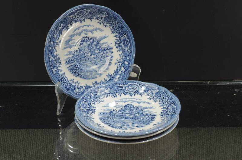 lot 2205 image: Lot of 4 Salem China Co. Transferware 6.5 Dishes. English Village Theme.