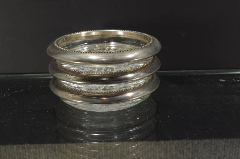 lot 2212 image: Lot of 3 Pressed Glass Silver Plate Rim Ashtrays Coasters 4