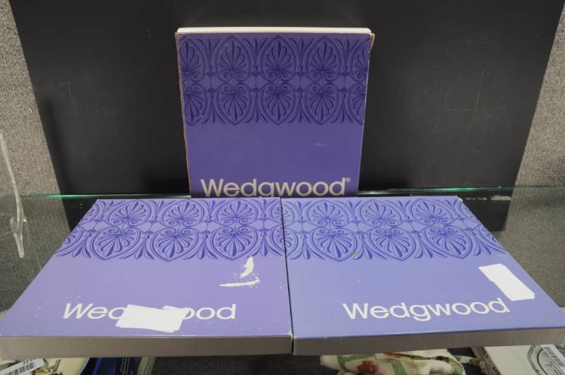 lot 2215 image: Lot of 3 Wedgwood 8 Plates in Box. 2 Cameo Blue and White, 1 Decor My Friend Plate.