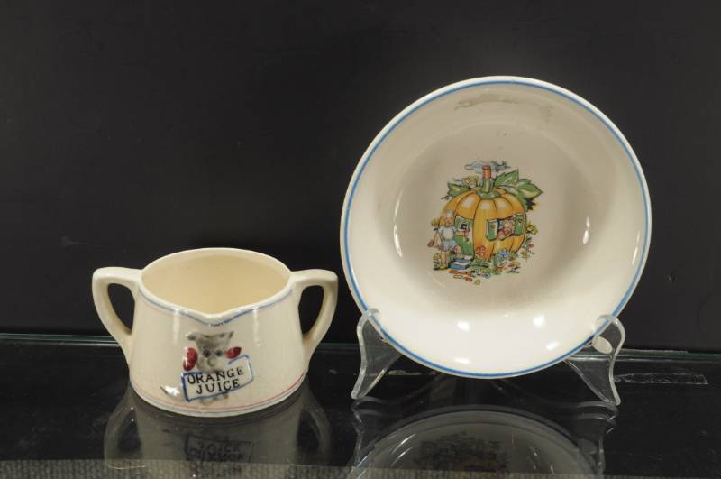 lot 2221 image: Lot of 2 Childs Dishes. Salem China Bowl 6.25, and GW co. Double Handled Orange Juice Cup 5