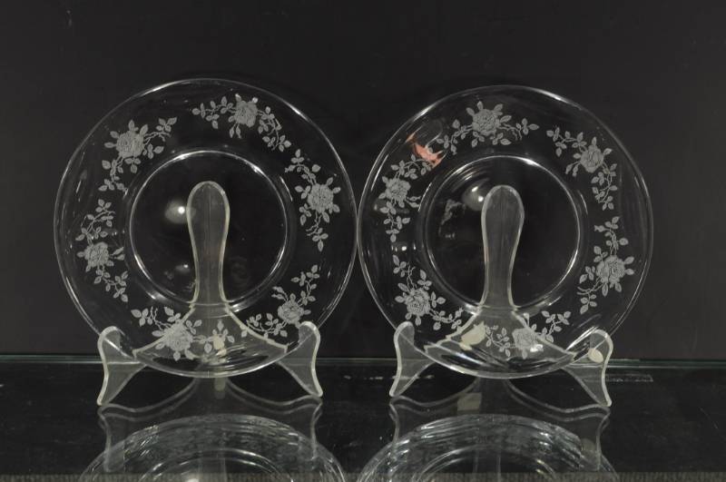lot 2223 image: Pair Clear Glass Rose Etched Salad Plate 7.5