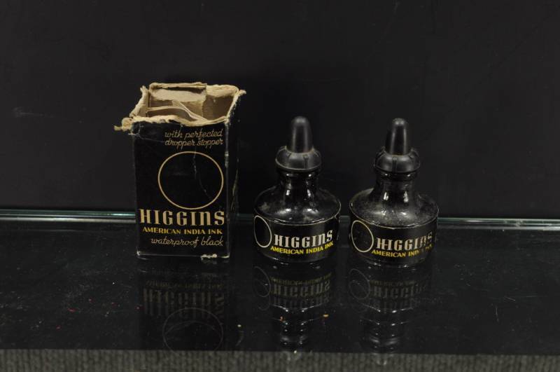 lot 2261 image: Lot of 2 Higgins Full Unopened Black Ink Bottles. Includes Box and Metal Tool