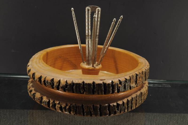 lot 2263 image: Wood Bark Walnut Bowl and Nut Cracking 8 Piece Set