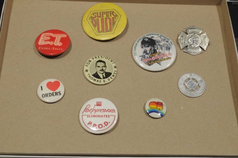 lot 2231 image: Lot of 5 Assorted Vintage Buttons. Sparkys Jr Fire Dept. and Dewey for President
