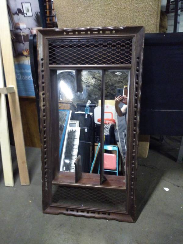 lot 3243 image: Wood Framed Mirror with Shelves