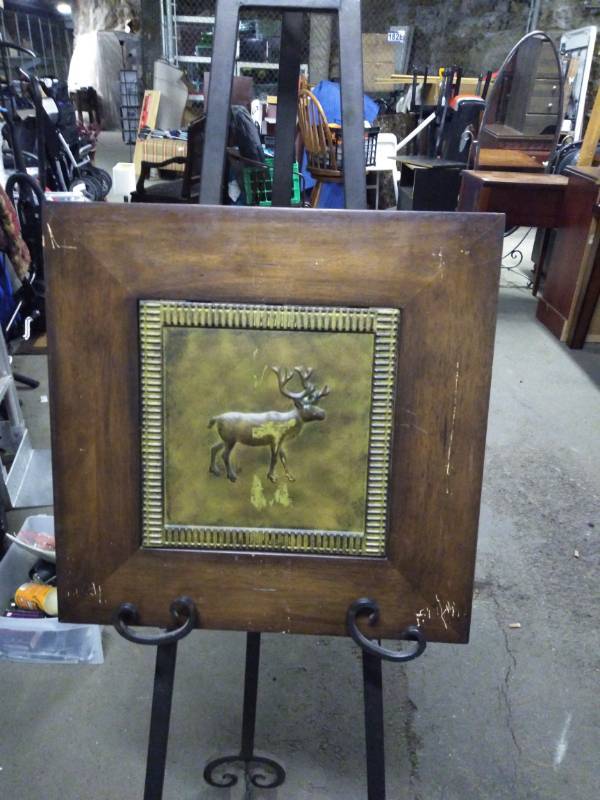 lot 3200 image: Wood Framed Metal Deer Picture