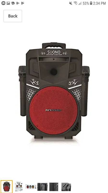 lot 14318 image: Pure Acoustics MCP-75 Suono Wireless Portable Bluetooth Speaker with 2 Microphones FM Radio Party Karaoke Machine Sound System Smartphone Soundstream Red & Black