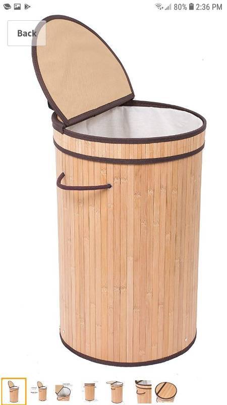 lot 14475 image: Birdrock Home Round Laundry Hamper With Lid And Cloth Liner  Bamboo  Natural 