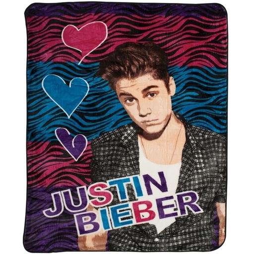 lot 16550 image: Justin Bieber Zebra Print Hearts Large Plush Bed Blanket
