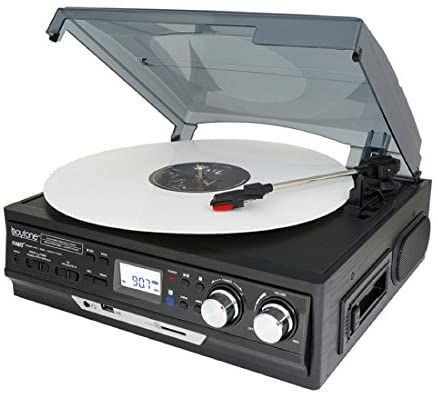 lot 16563 image: Boytone BT-17DJB-C 6-in 1 Turntable 3-Speed Stereo, 2 Built in Speakers Digital LCD Display AMFM Radio  Supports USBSDAUX MP3, Cassette & WMA Playback Recorder & Headphone Jack  Remote