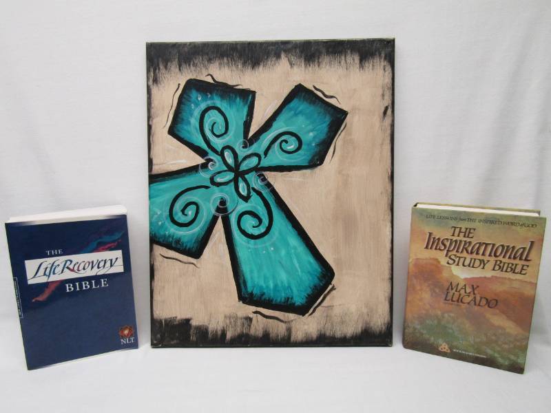lot 5696 image: A Magnificent Cross Painting on Canvas  2 Bibles